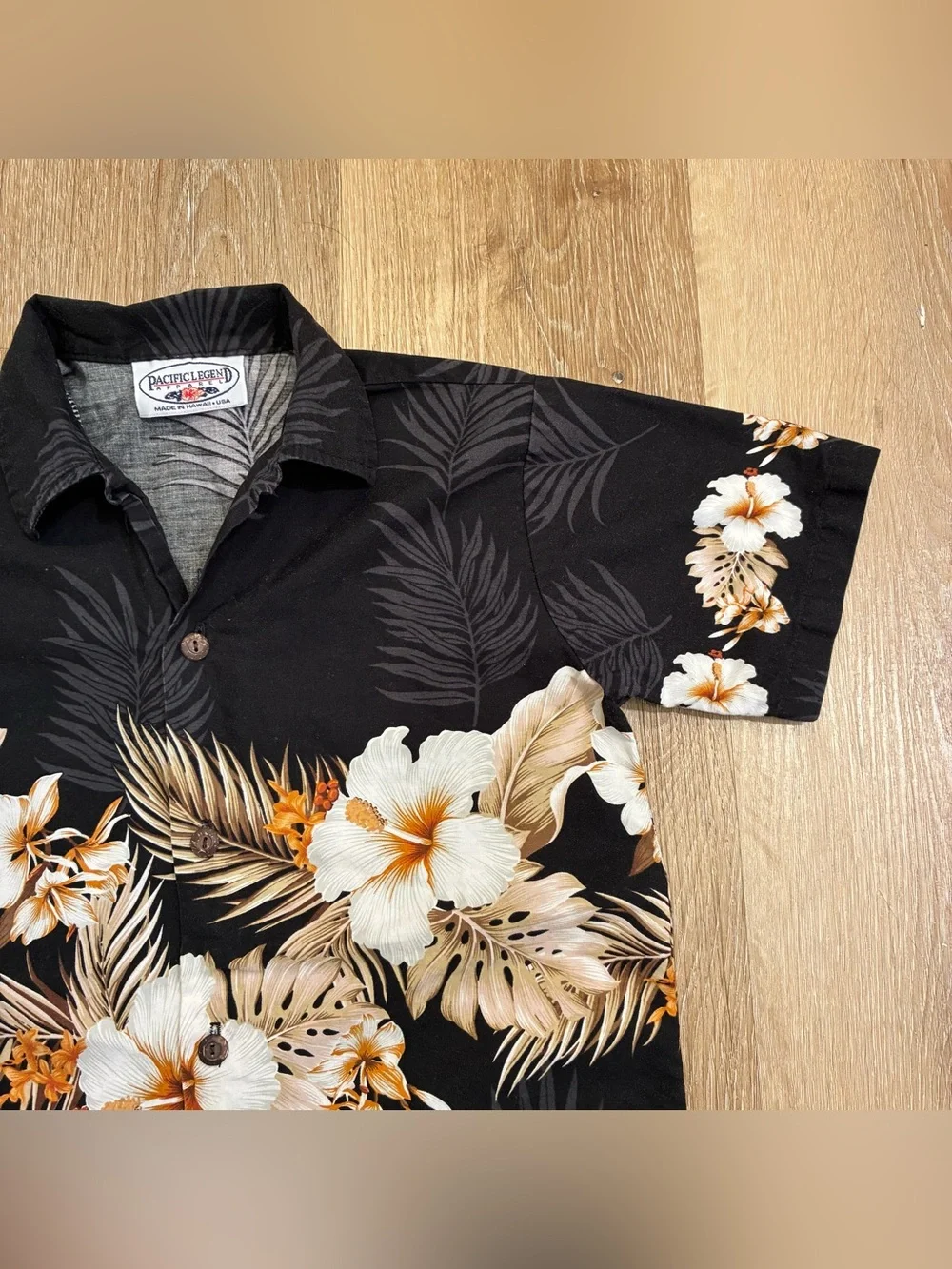 Pacific Legend Kids Hawaiian Aloha Shirt Black Floral Hibiscus 100% Cotton USA S